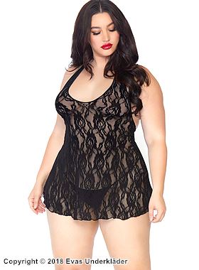 Romantisches Nacht-Minikleid, Stretch-Spitze, Neckholder, offener Rücken, Blumen, Plus Size